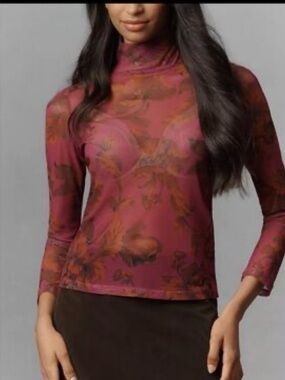 Anthropologie Rose-Mauve Floral Mock Neck Long Sleeve Top